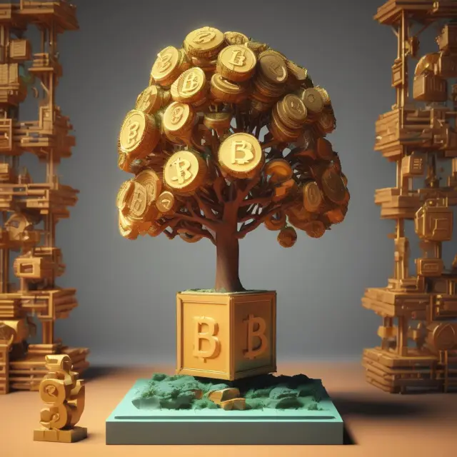 An image of a new golden block joining the ancient Genesis Block atop a Bitcoin blockchain tree, illustrating growth and continuity.