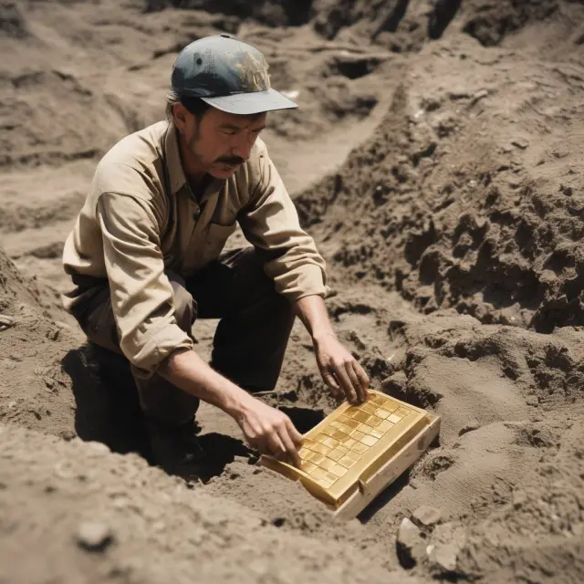 A gold miner digging up the Bitcoin Genesis Block, revealing newly minted coins.