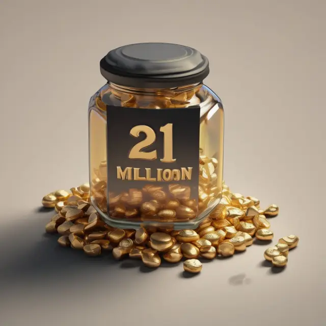 Gold nuggets representing Bitcoin being carefully placed in a jar, symbolizing the finite supply and scarcity of Bitcoin.