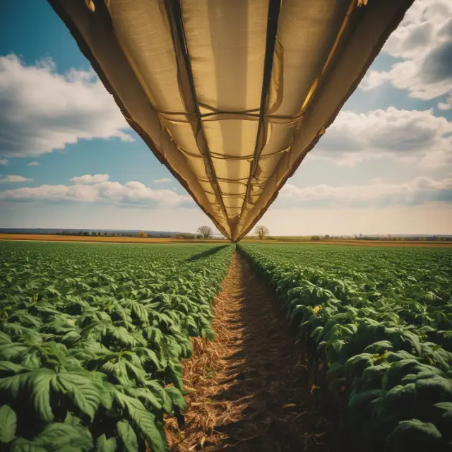 A visual metaphor of seasons changing over GMO crops, symbolizing the transformation from struggling plants infested with pests to abundant harvests with increased yields and nutritional value