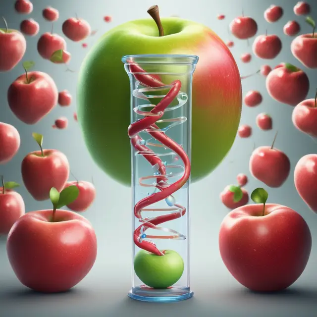 Test tube with DNA and apple: Gene editing symbolizes the integration of modified genes into an apple.