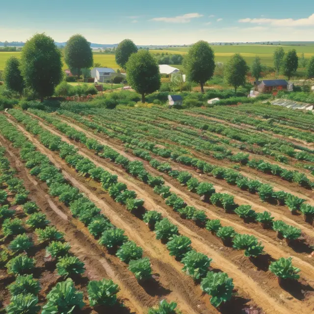 A lush garden with diverse genetically modified fruits and vegetables growing under the care of ISAAA, AFBF, and European Biotech advocates.