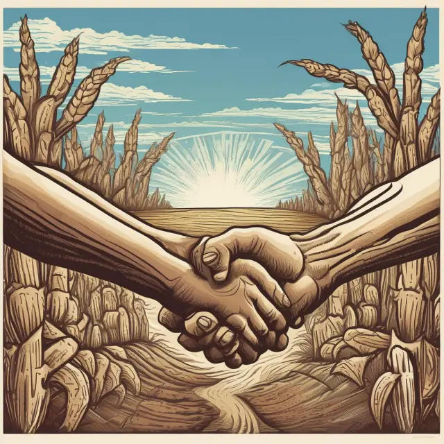 Handshake between Mother Earth and a small farmer, surrounded by seeds and cornstalks, representing the struggle between small farmers and corporate control in agriculture