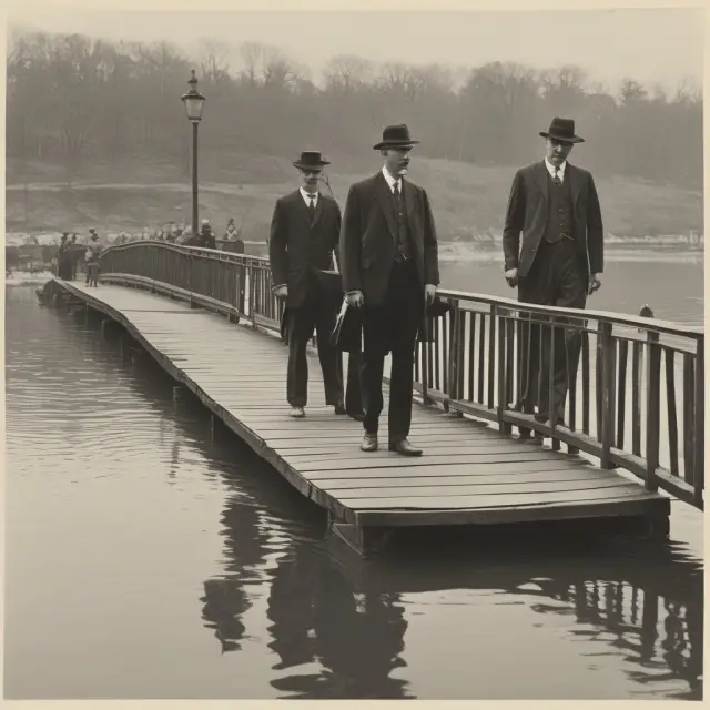 Two gentlemen shaking hands above flowing water, symbolizing historical gentlemen