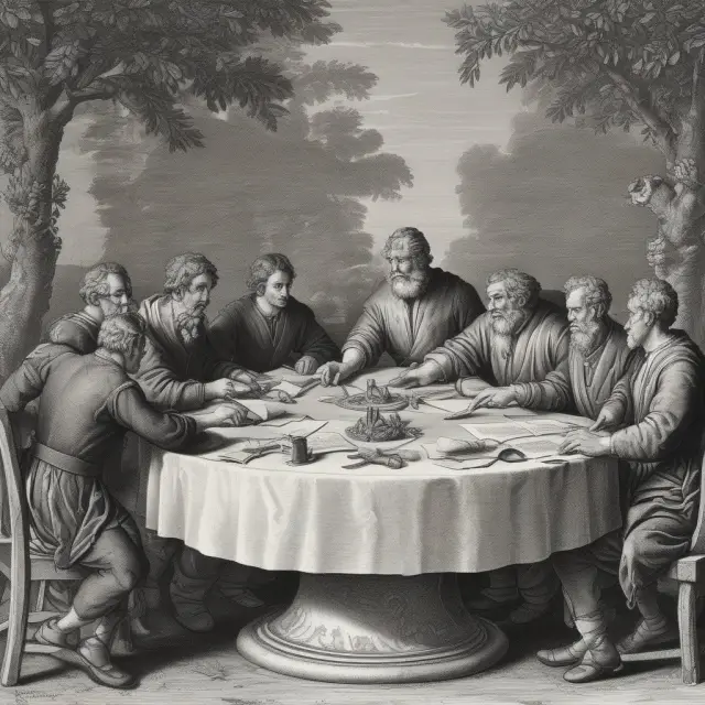 Men in formal attire seated around a table, writing agreements on parchment with olive branches overhead