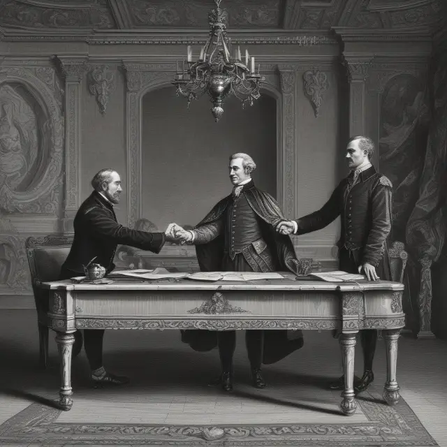 A gathering of gentlemen shaking hands around an ornate contract table, symbolizing agreements reached through trust and honor.