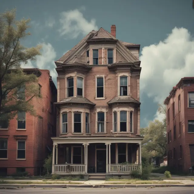 An old house with a new roof stands out among dilapidated buildings, signifying the gentrification process and its impact on original residents