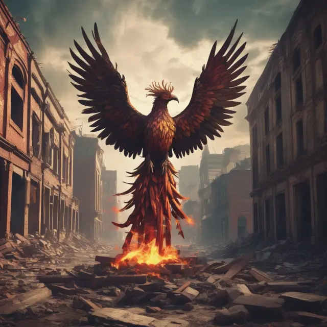 Phoenix emerging from ruined buildings, representing the revitalization of urban areas through gentrification