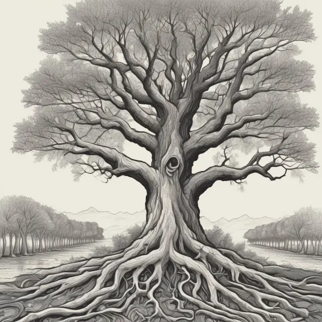 A metaphorical scene of uprooted trees and their intertwined roots represents the controversial gentrification process, highlighting displacement of marginalized communities
