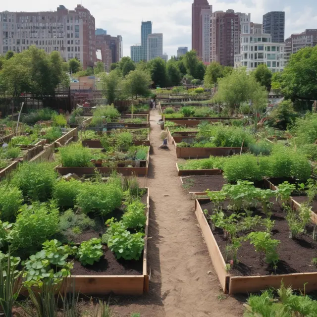 A thriving community garden grows amidst a concrete cityscape, symbolizing the impact of Community Land Trusts in providing affordable housing and fostering sustainable development