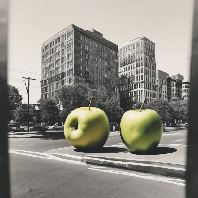 Three stylized fruit illustrations representing New York City, Los Angeles, and San Francisco undergoing transformation from humble apples to luxury pears through gentrification processes.