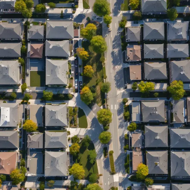 A time-lapse image showing a diverse urban neighborhood evolving into an affluent area, with shifting demographics and rising property values