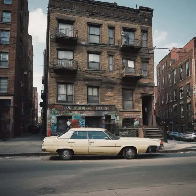 An image of a ballet dancer gracefully pirouetting in a neighborhood, surrounded by flourishing plants and buildings, with another dancer exiting the frame, symbolizing growth and displacement.