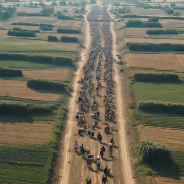 A man carrying agricultural produce leaves his farm to journey towards an urban area filled with factories and buildings, illustrating the complex factors influencing geographic labor mobility