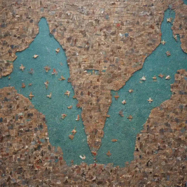 A mosaic depicting labor migration between countries forming the pieces of an intricate puzzle, symbolizing economic growth through diversity and connectivity