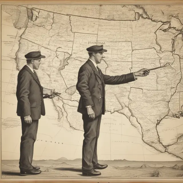 Two figures represented as workers moving along historical migration routes in the United States