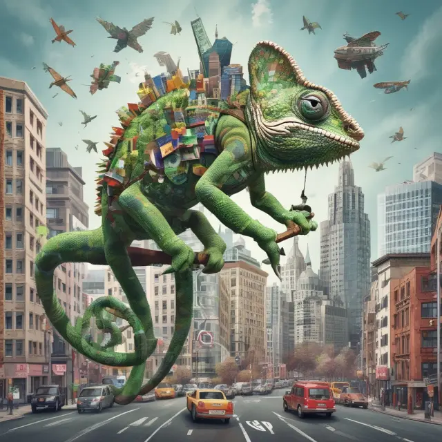 A chameleon shapeshifting between different jobs in an urban setting, symbolizing occupational labor mobility.