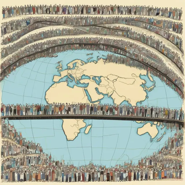 Image of migrating workers constructing a bridge between two continents, representing the flow of labor across borders.