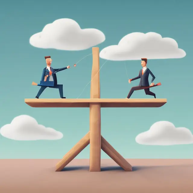 Two competing companies on a seesaw; one lowers its price, forcing the other to respond accordingly for market equilibrium