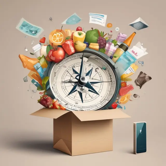 Digital compass guiding a shopping bag and food carton towards nearby options using geolocation technology.
