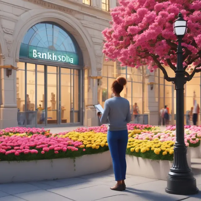 Customer using Bluetooth beacon technology to access ATM and receive in-branch assistance among blooming flowers