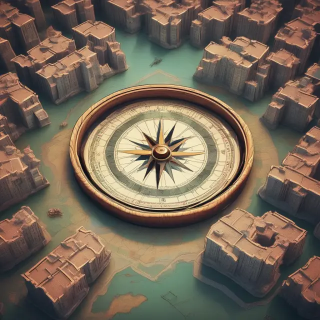 A compass inside a castle, with potential challenges represented by obstacles along the path, symbolizing geolocation