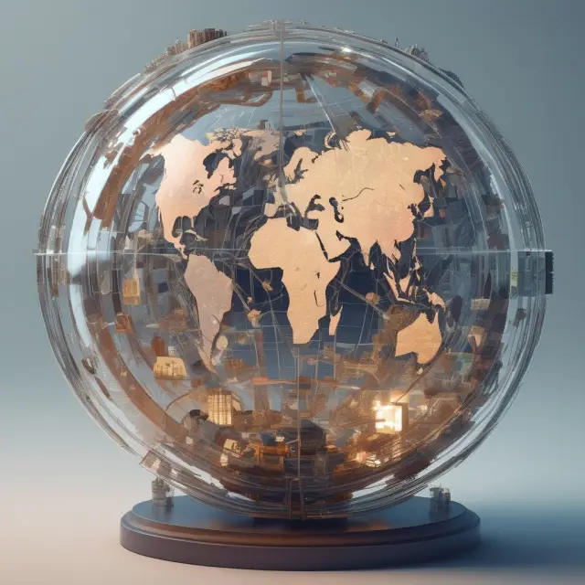 Transparent globe with interconnected gears and highlighted fraudulent transactions