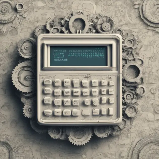 Calculator with interconnected gears representing the infinite loop of compounding in calculating geometric mean