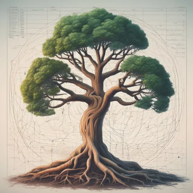 Tree with interconnected investment graphs represents compounding interest and the importance of geometric mean in financial growth