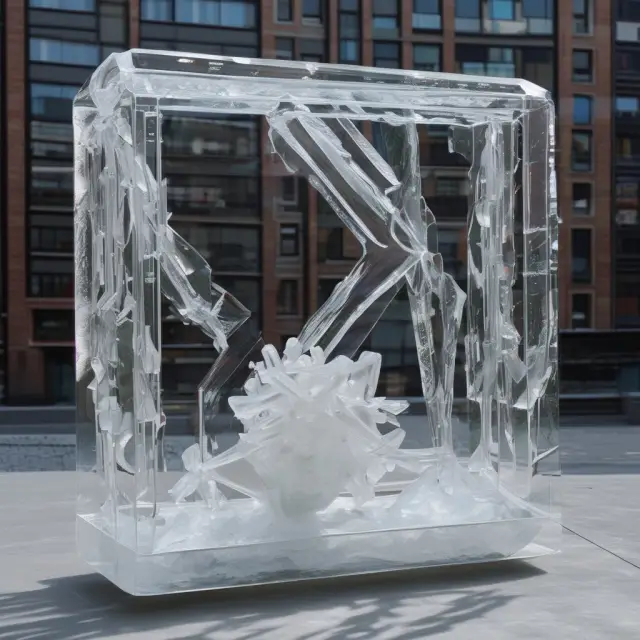 An intricate ice sculpture representing geometric mean, but susceptible to the melting effects of negative returns. Inscription: Geometric Mean Limitations in Finance.