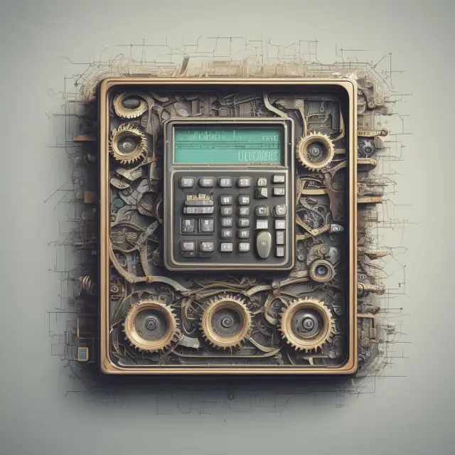 A calculator with gears symbolizing the geometric mean, illustrating compounding effects and averaging