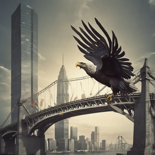 An eagle replacing two towers (old IMF reports) with its wings spread wide, signifying the arrival and importance of the Global Financial Stability Report