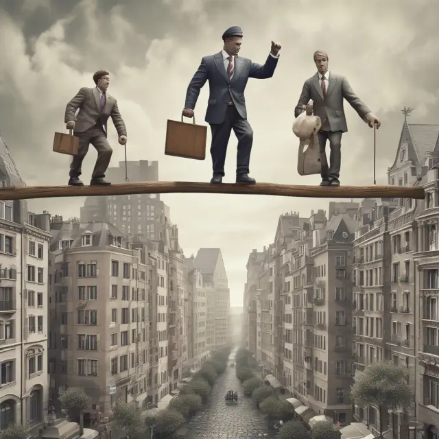 Giants represent global economies precariously balancing on housing market rooftops, depicting the need to address euro area