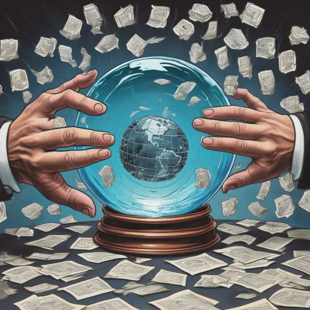 A crystal ball displaying semiannual Global Financial Stability Reports (GFSR), guiding investors in managing portfolios and assessing risks on a global market game board