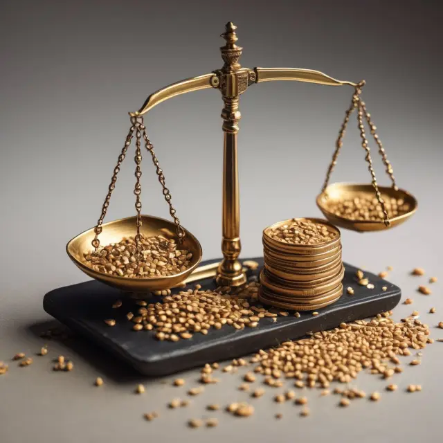 A balance weighing gold coins and wheat grains, illustrating the permissibility of short selling with clear intention and commitment to buy back