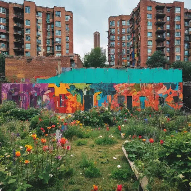 Image of a ghetto neighborhood featuring a lush community garden contrasted against dilapidated buildings, representing the challenges and opportunities in contemporary American ghettos