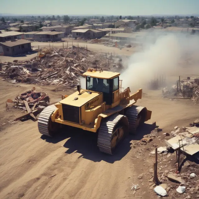 Urban renewal bulldozer creating space for a new, inclusive community. Phoenix symbolizes rebirth and growth.