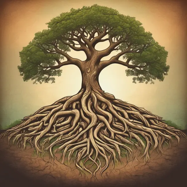 A rooted tree grows towards the sun, symbolizing community development efforts reaching for progress. Roots intertwine to represent unity and cooperation.