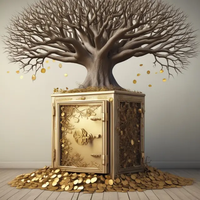 Tree with gold coins in a safe vault represents the benefits of investing in Canadian Guaranteed Investment Certificates: safety, predictable growth, and liquidity.