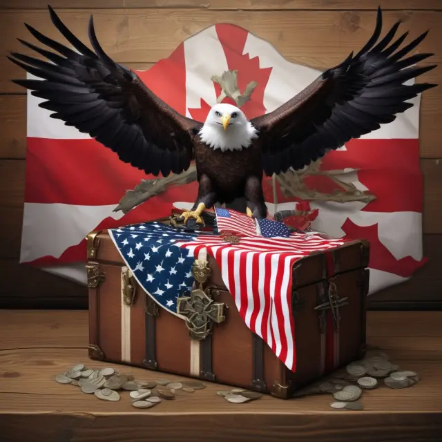 A Canadian maple leaf and American bald eagle examining a shared treasure chest, illustrating the side-by-side analysis of GICs and U.S. Treasury securities.