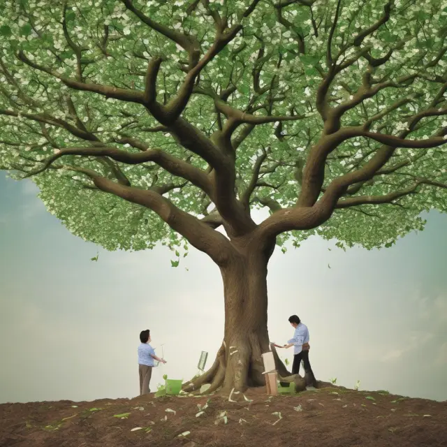 A garden filled with various banks and trust companies, each represented by a blooming tree, providing GIC investments to Canadian clients.