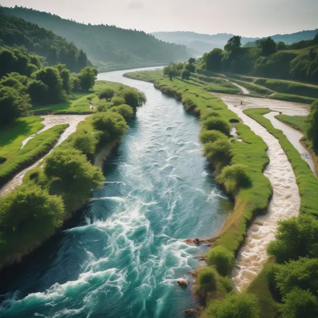 Four branches of a river symbolizing GICS sectors: Consumer Discretionary, Consumer Staples, etc., flowing into a unified economic ocean
