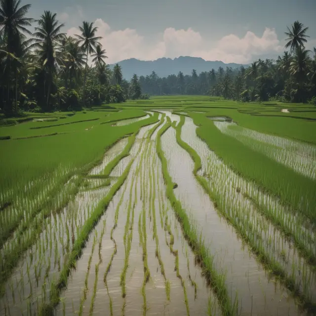 Image of rice paddies with a price sign turned upward, representing Giffen goods and their unique demand curve.