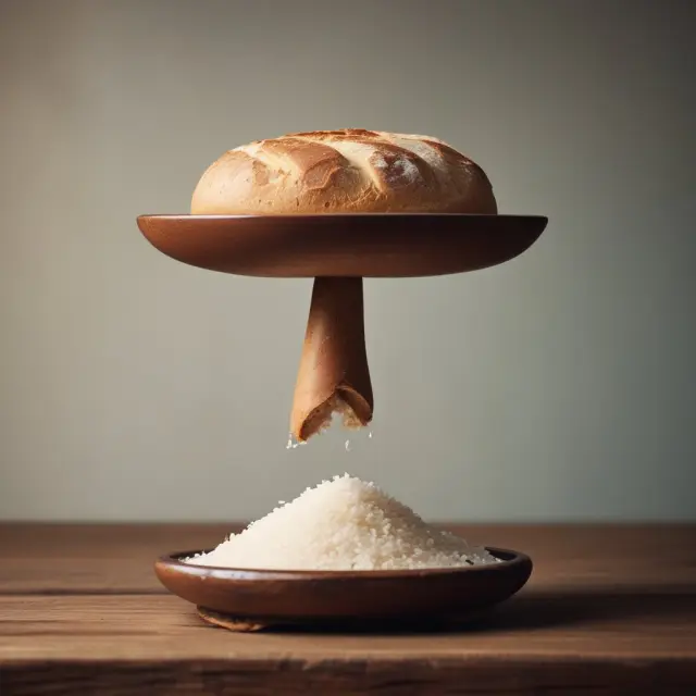 A golden scale tips towards an increasing bread loaf and a decreasing rice bowl, illustrating the unusual economic behavior of Giffen goods