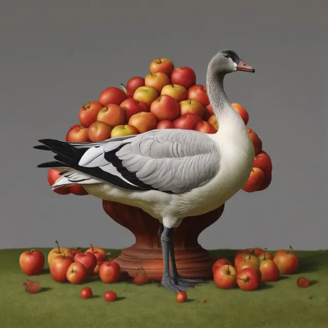 Image depicts a Giffen goose on an elevated throne surrounded by Veblen apples, highlighting their economic differences: income pressures vs. luxury status.