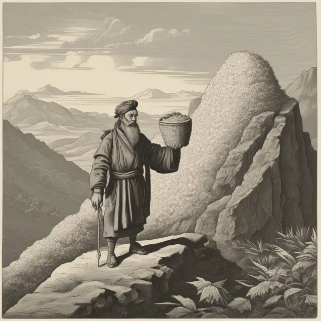 An ancient merchant with a bag of rice on an upward-sloping mountain, representing the unique demand curve behavior of Giffen goods