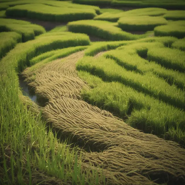 A rice paddy field with rice grains forming an upward-curving pattern, illustrating Giffen goods