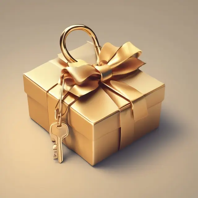 A hand holding a gold-embossed gift card, with a lock and key in the background, symbolizing purchasing power and various transaction possibilities
