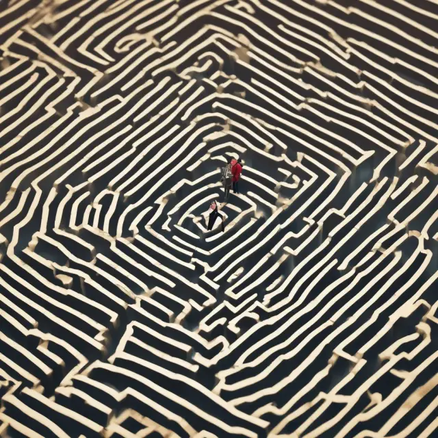 A maze filled with scamming creatures attempting to steal a gift card from a person navigating through, emphasizing the importance of staying informed and vigilant when dealing with gift cards.