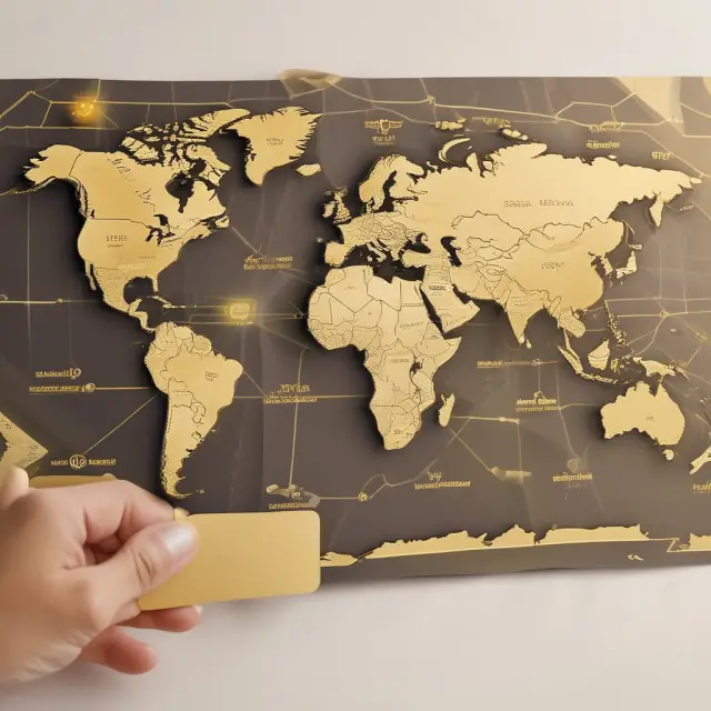An image of a golden map showcasing popular gift card brands and markets from around the world converging towards a modern shopping mall